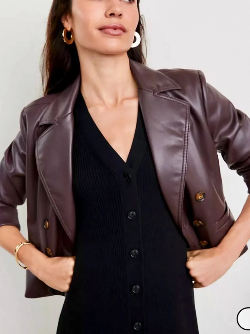LOFT Double-Breasted Faux Leather Jacket in Deep Brown - Picture 2 of 7